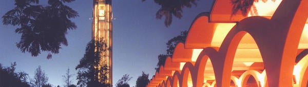 bell tower and Rivera walkway at night (c) UCR